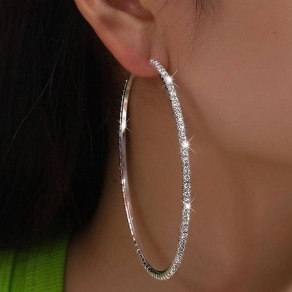 silver Jewelry - Rhinestone Silver Hoop Earrings